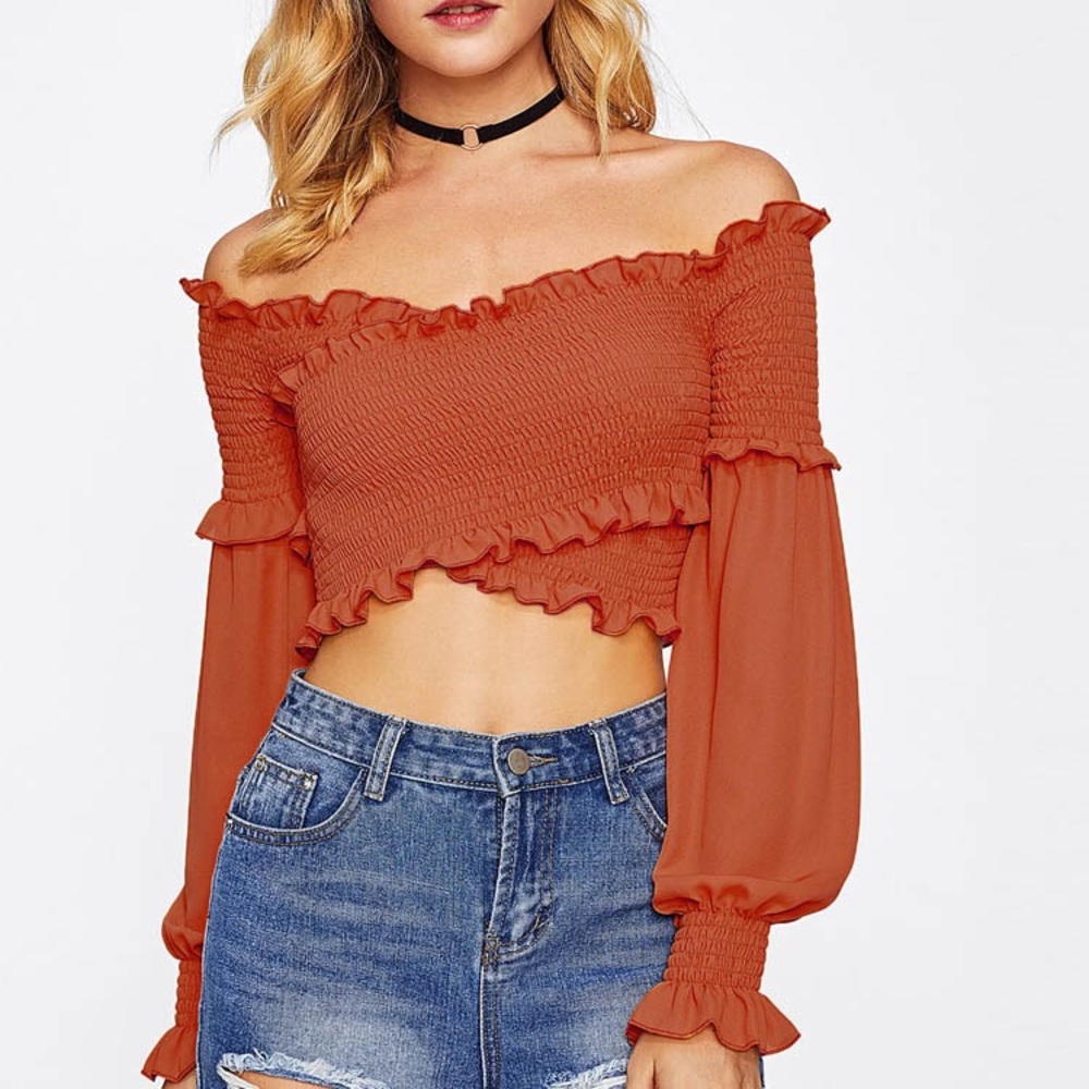 SHEIN Off the Shoulder Bell Sleeve Smocked ruffle crop blouse